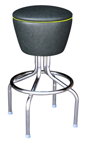 Retro Chrome Drum Bar Stool All Welded Frame Black Vinyl Upholstery with Yellow Piping