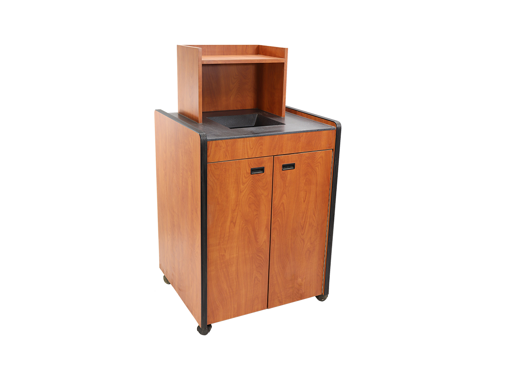 Solid Surface, Beveled Chute Opening, Tray Return, Top Drop Trash Receptacle