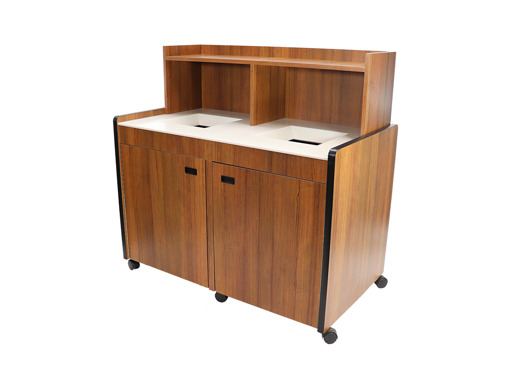 Solid Surface, Beveled Chute Opening, Tray Return, Top Drop Trash Receptacle