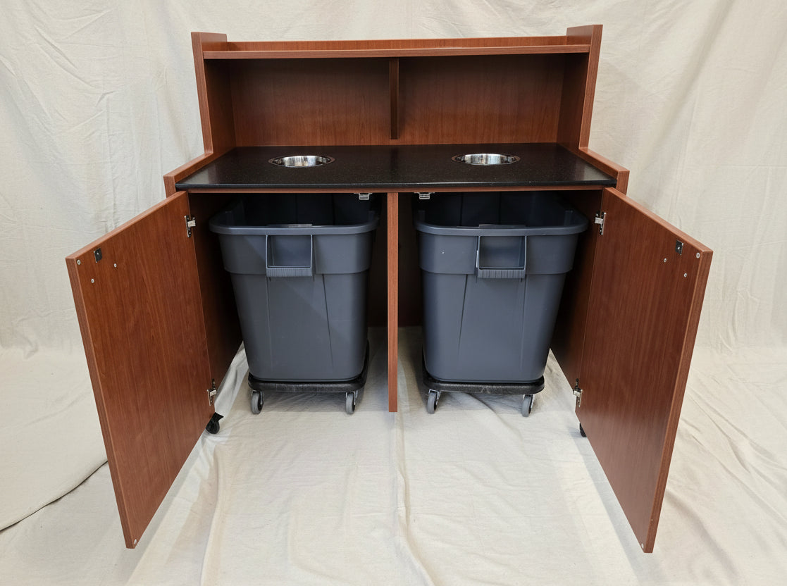 Indoor/Outdoor Solid Surface, Top Drop Trash Receptacle with Tray Return