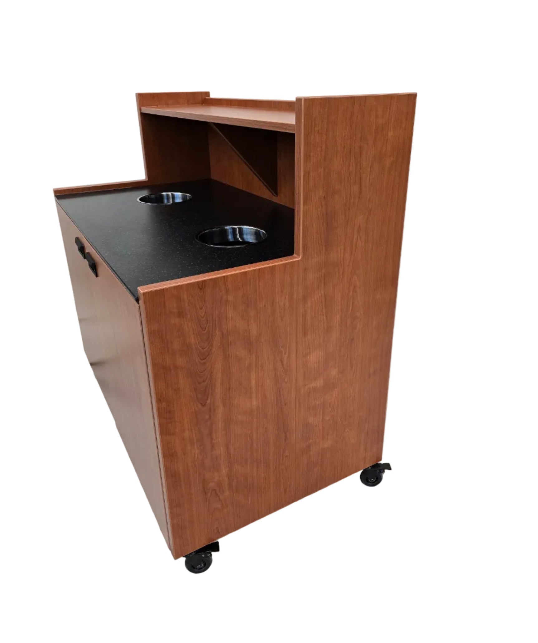 Indoor/Outdoor Solid Surface, Top Drop Trash Receptacle with Tray Return