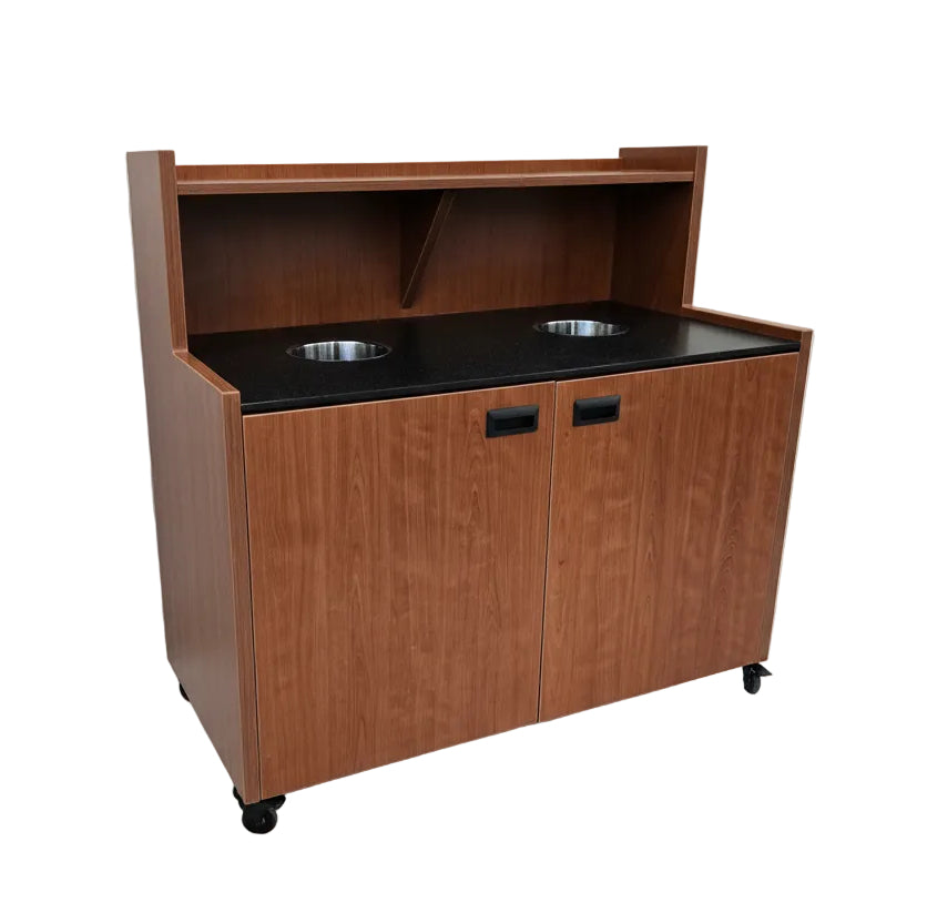 Indoor/Outdoor Solid Surface, Top Drop Trash Receptacle with Tray Return