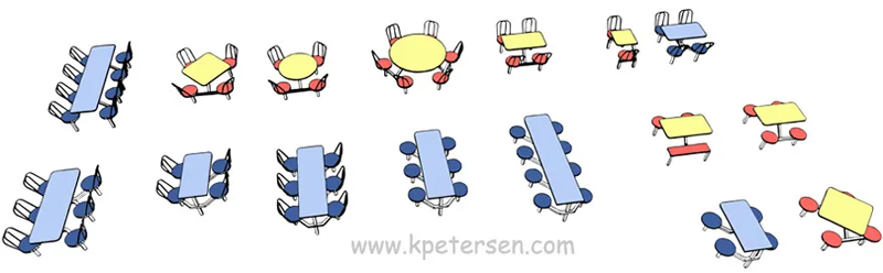 Cafeteria Cluster Seating Arrangement Drawings Perspective View.