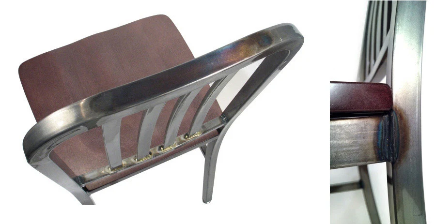 Deco Steel Restaurant Chair with Wood Seat and Industrial Clearcoat Finish Overhead and Side View Details