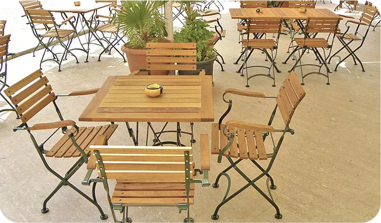 Teak Folding Bistro Armchairs with Teak Tables Installation