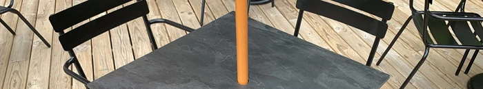 Solid Core HPL Restaurant Table Top Drilled For Umbrella