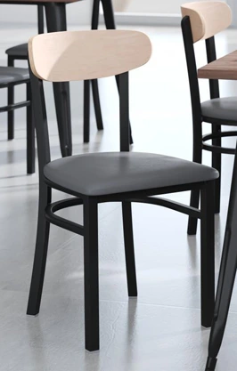 Moon Back Steel Restaurant Chair Gray Upholstered Seat, Wood Backrest Natural