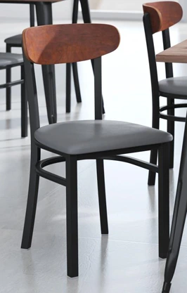 Moon Back Steel Restaurant Chair Gray Upholstered Seat, Wood Backrest Walnut