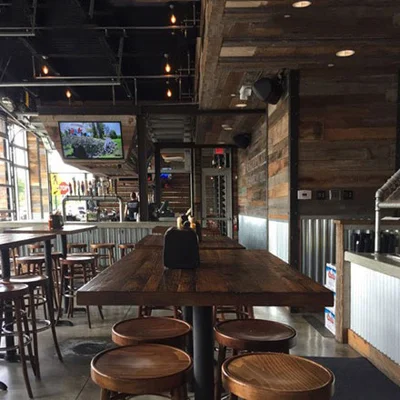 Reclaimed Pine, Rustic Patina Plank Restaurant Tables Installation