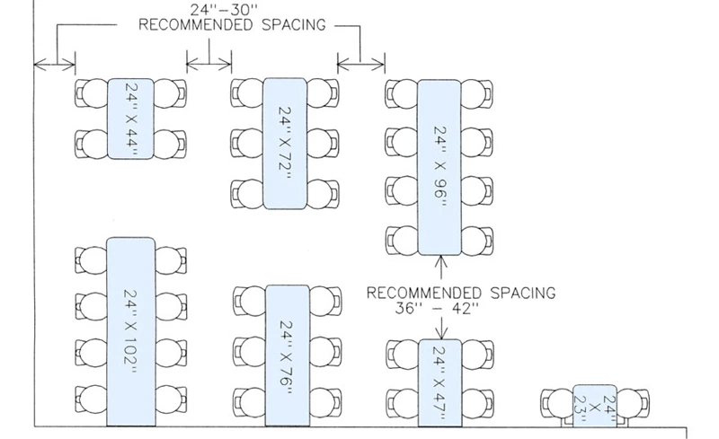 Restaurant Table Spacing Drawing Plan View. Distance from wall. Distance from other table arrangements.