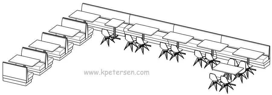 Upholstered Restaurant Booth Banquette with Tables and Chairs Perspective View Drawing
