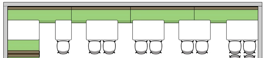 Upholstered Restaurant Booth Banquette with Tables and Chairs Plan View Drawing