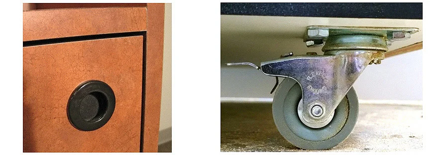 Top Drop Waste Receptacle Standard Door Pull and Optional Caster Details