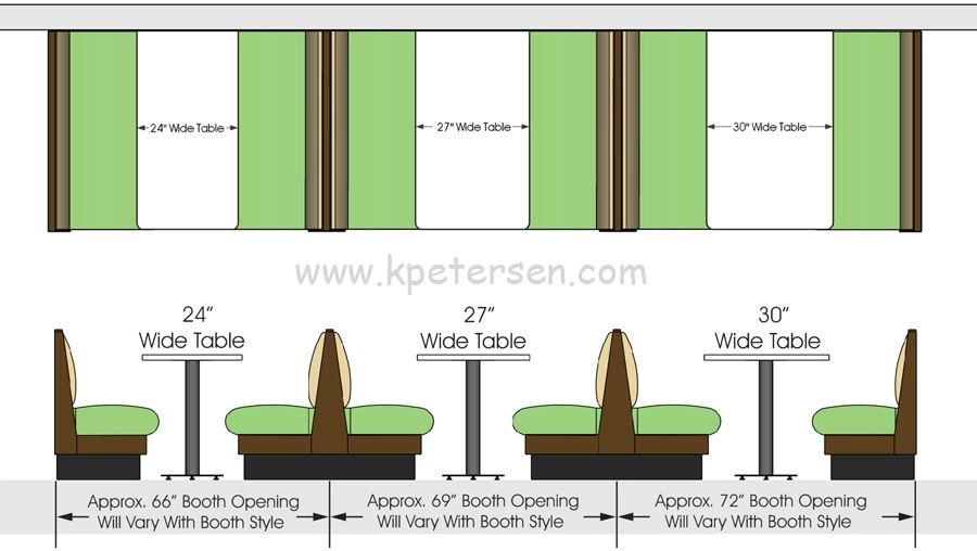 Single and Double Upholstered Restaurant Booth Spacing with Different Size Table Tops