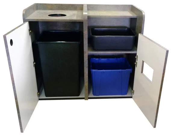 Coffee Shop Top Drop Waste Receptacle Bussing Station Combination Cabinet Doors Open Detail